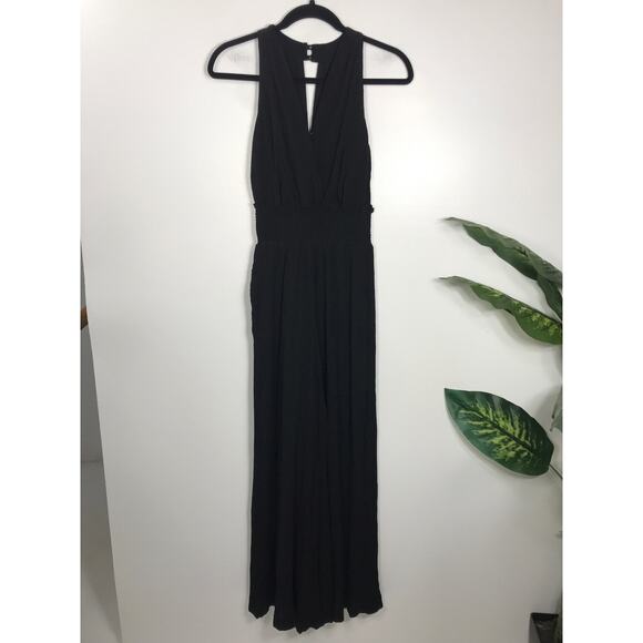 Anthropologie Women's S Wide Leg Jumpsuit Pants Black Smocked Office Vacation - Picture 1 of 13